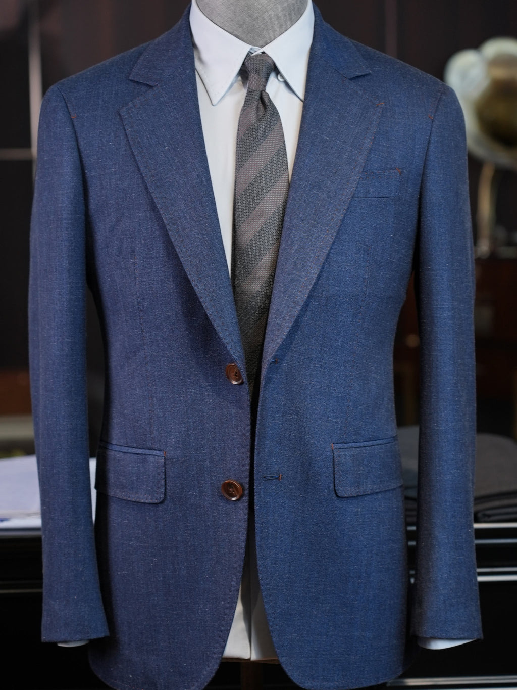 Denim Blue 100% Wool Notch Lapel Blazer