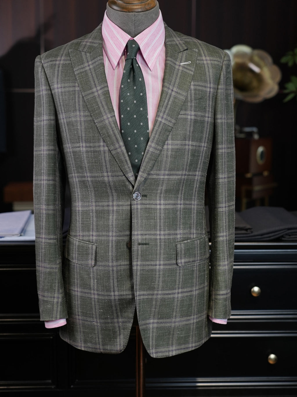 Italian Import 100% Linen Green Windowpane Plaid Unlined Sport Coat, Two Button Lightweight Summer Blazer