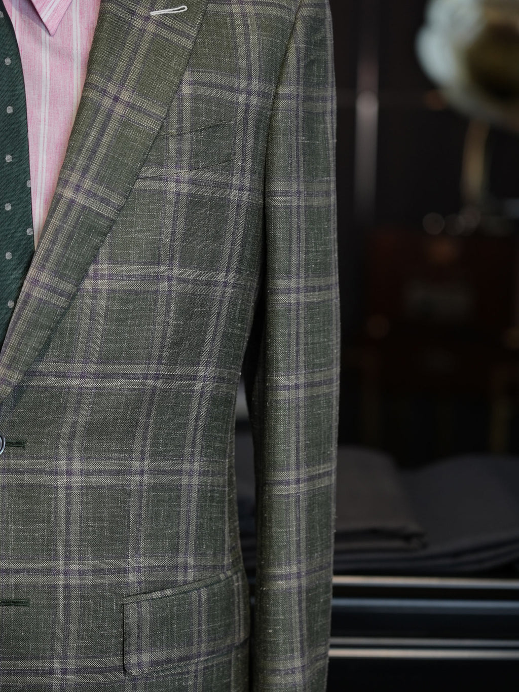 Italian Import 100% Linen Green Windowpane Plaid Unlined Sport Coat, Two Button Lightweight Summer Blazer