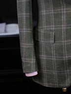 Italian Import 100% Linen Green Windowpane Plaid Unlined Sport Coat, Two Button Lightweight Summer Blazer