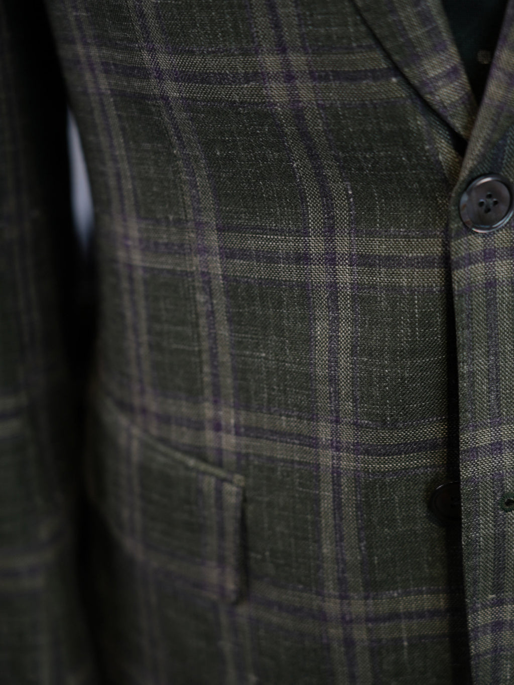 Italian Import 100% Linen Green Windowpane Plaid Unlined Sport Coat, Two Button Lightweight Summer Blazer