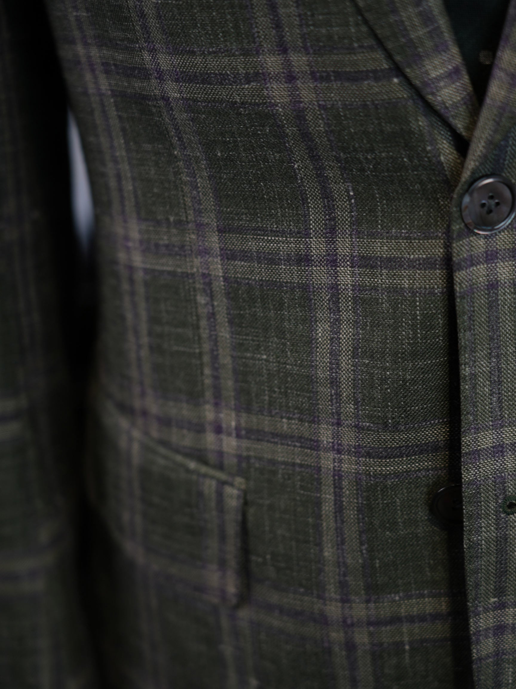 Italian Import 100% Linen Green Windowpane Plaid Unlined Sport Coat, Two Button Lightweight Summer Blazer