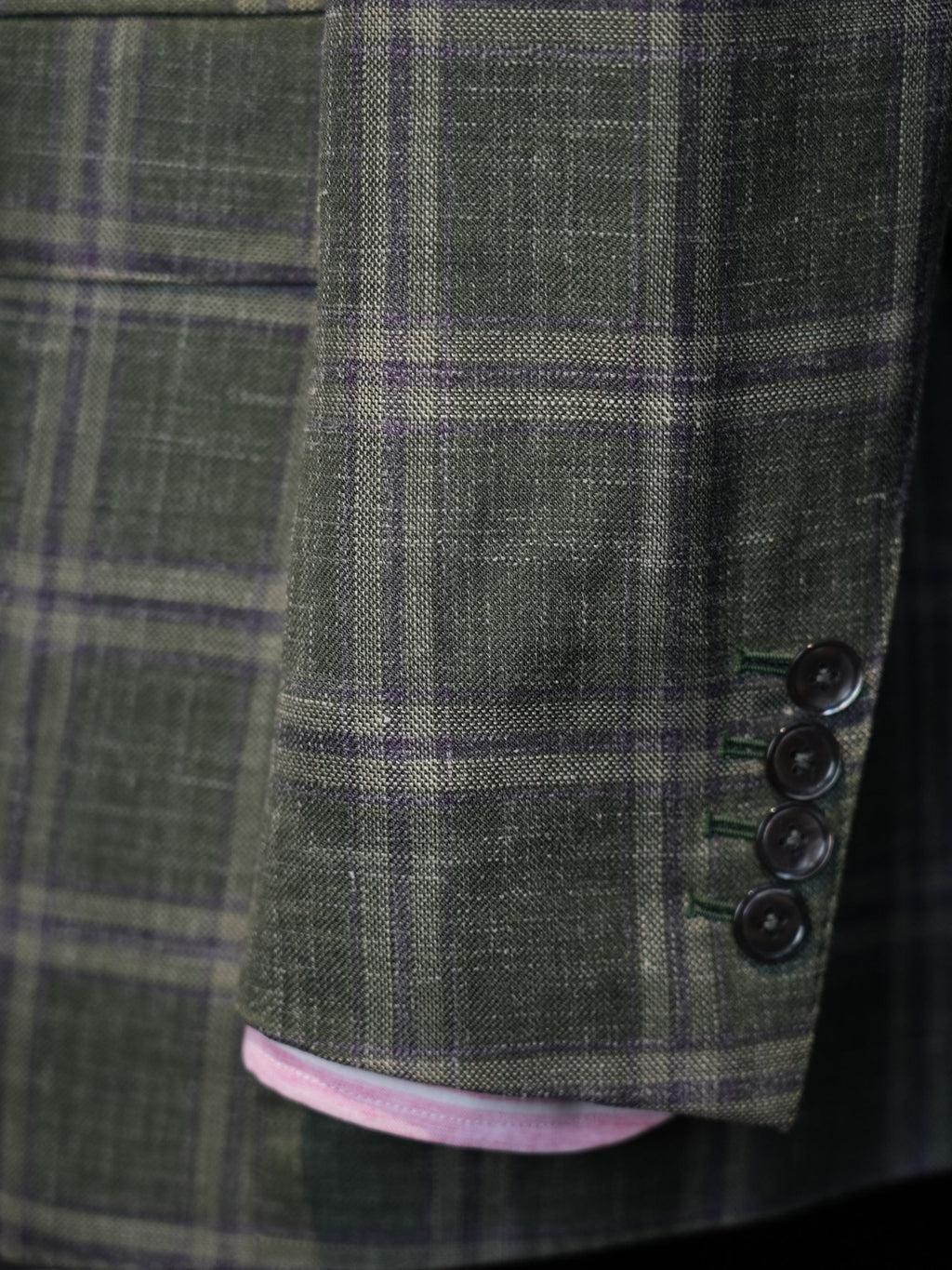 Italian Import 100% Linen Green Windowpane Plaid Unlined Sport Coat, Two Button Lightweight Summer Blazer