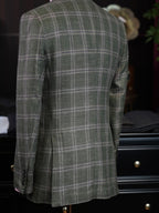 Italian Import 100% Linen Green Windowpane Plaid Unlined Sport Coat, Two Button Lightweight Summer Blazer