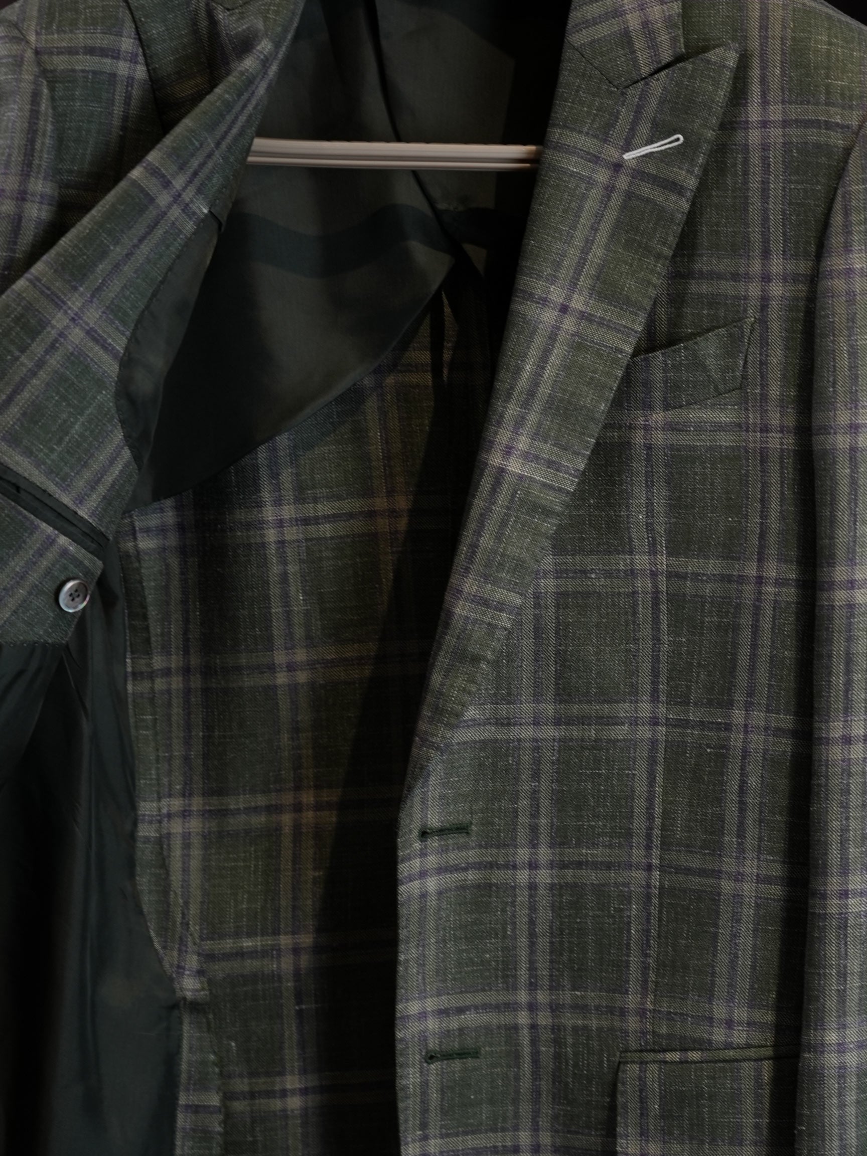 Italian Import 100% Linen Green Windowpane Plaid Unlined Sport Coat, Two Button Lightweight Summer Blazer