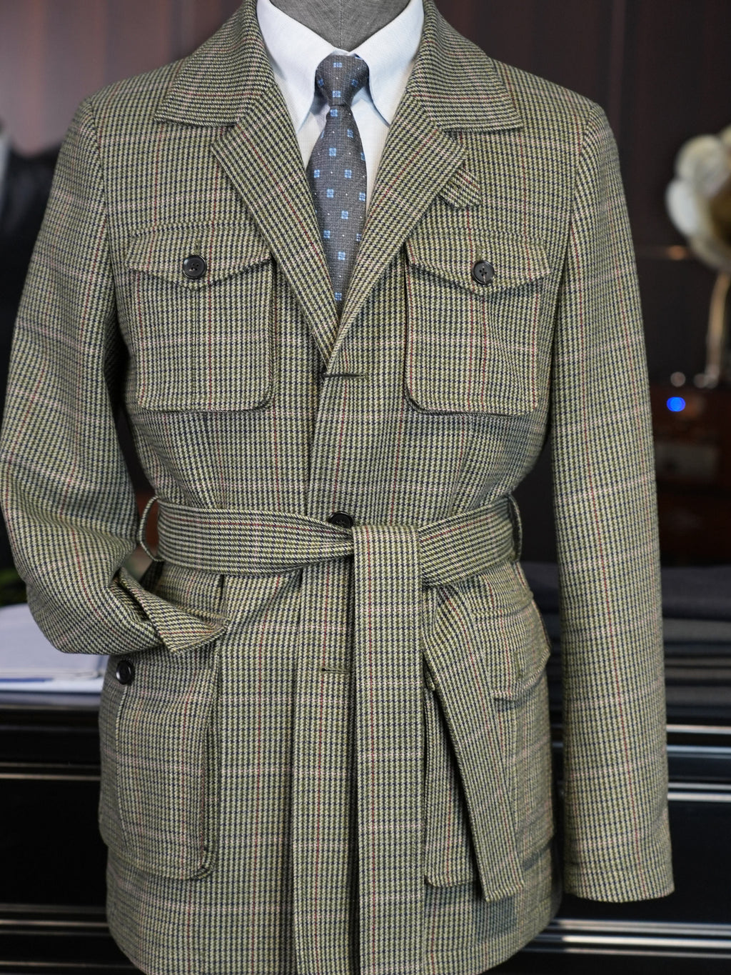 Vintage Green Tweed 100% Pure Wool Safari Jacket | Bespoke Cut for Athletic Broad Shoulders