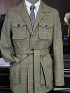 Vintage Green Tweed 100% Pure Wool Safari Jacket | Bespoke Cut for Athletic Broad Shoulders