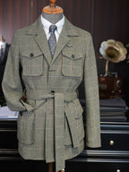 Vintage Green Tweed 100% Pure Wool Safari Jacket | Bespoke Cut for Athletic Broad Shoulders