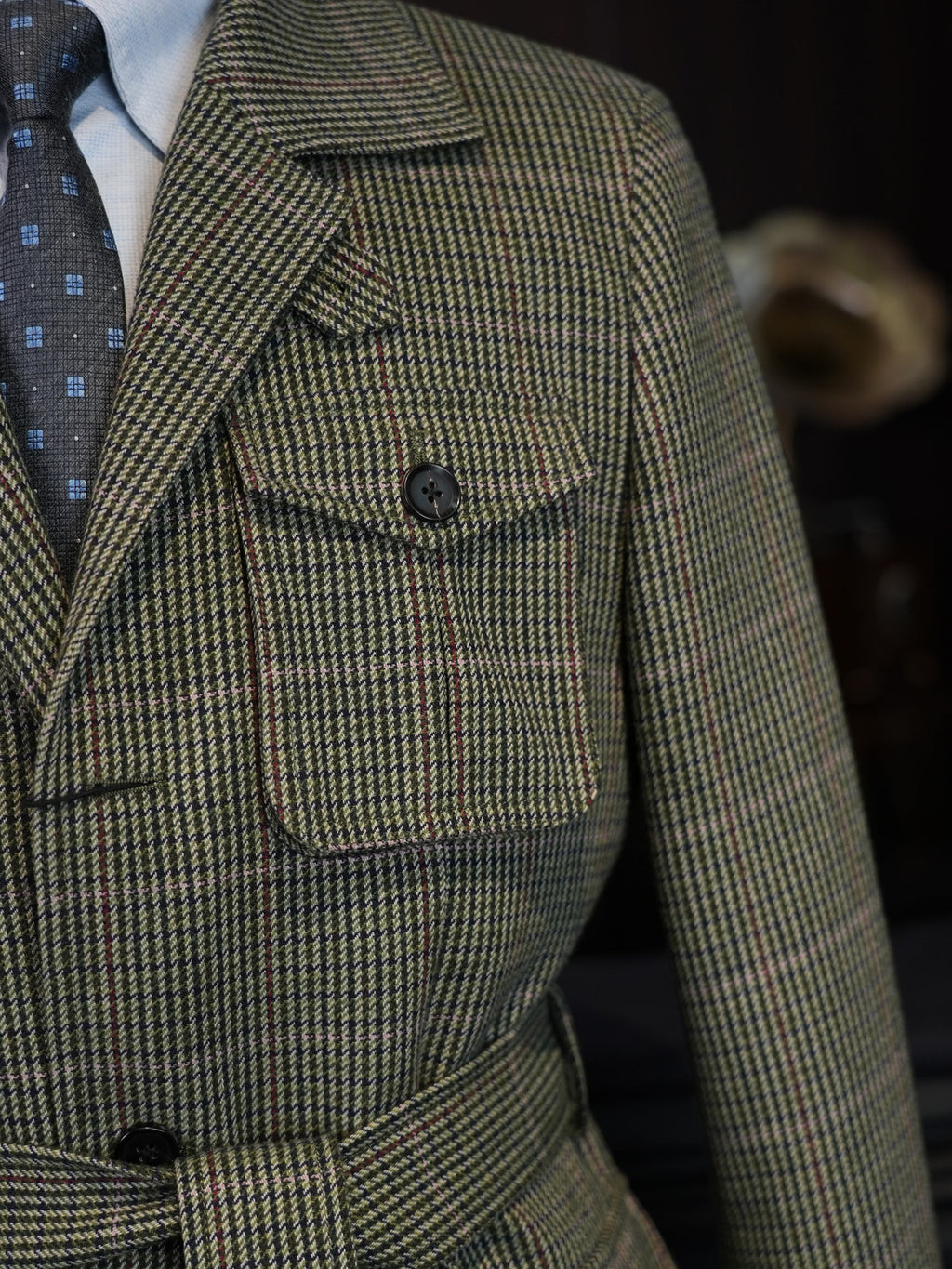 Vintage Green Tweed 100% Pure Wool Safari Jacket | Bespoke Cut for Athletic Broad Shoulders
