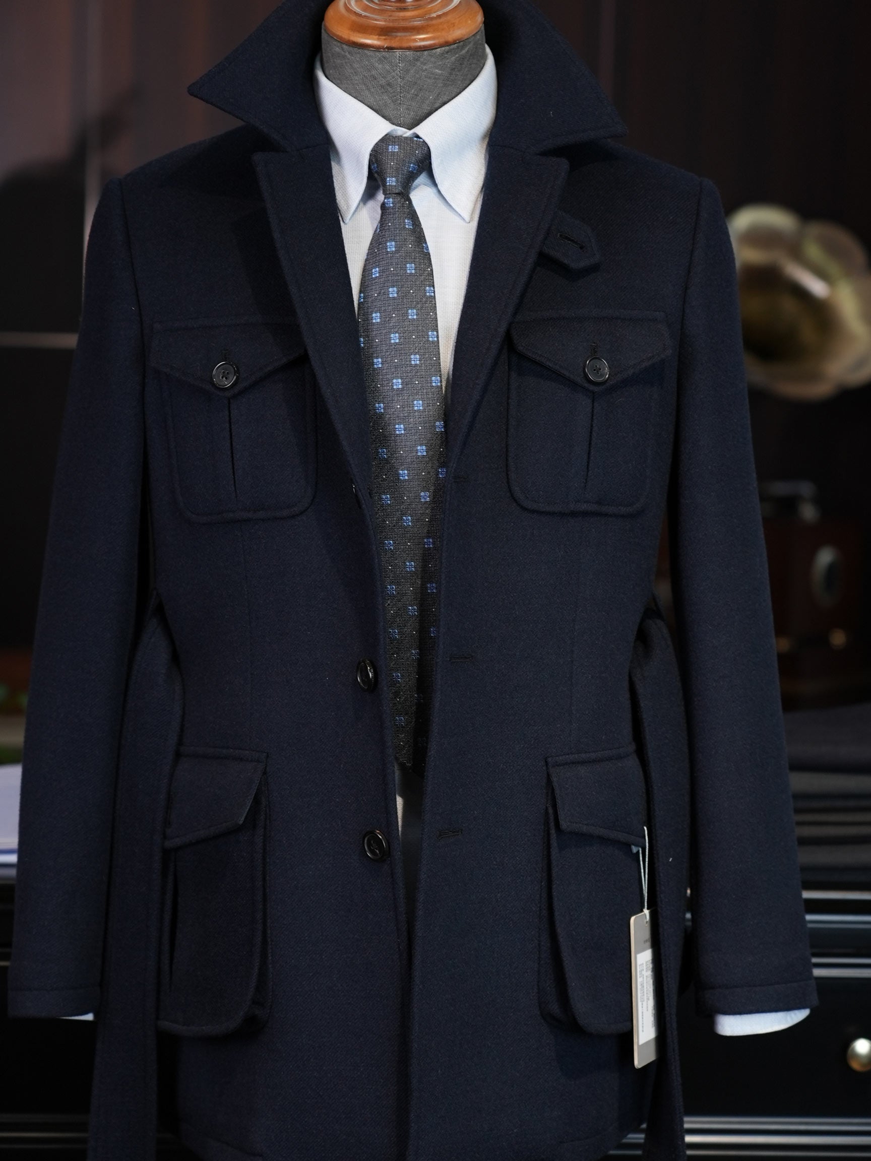 Heavyweight 100% Wool Navy Safari Jacket | Custom Pattern Built for Black Men’s Athletic Broad Shoulders