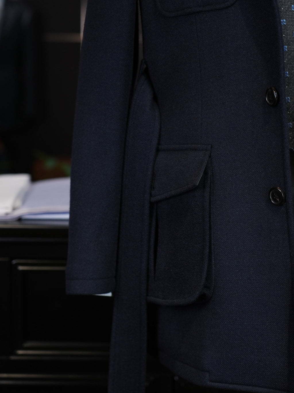 Heavyweight 100% Wool Navy Safari Jacket | Custom Pattern Built for Black Men’s Athletic Broad Shoulders