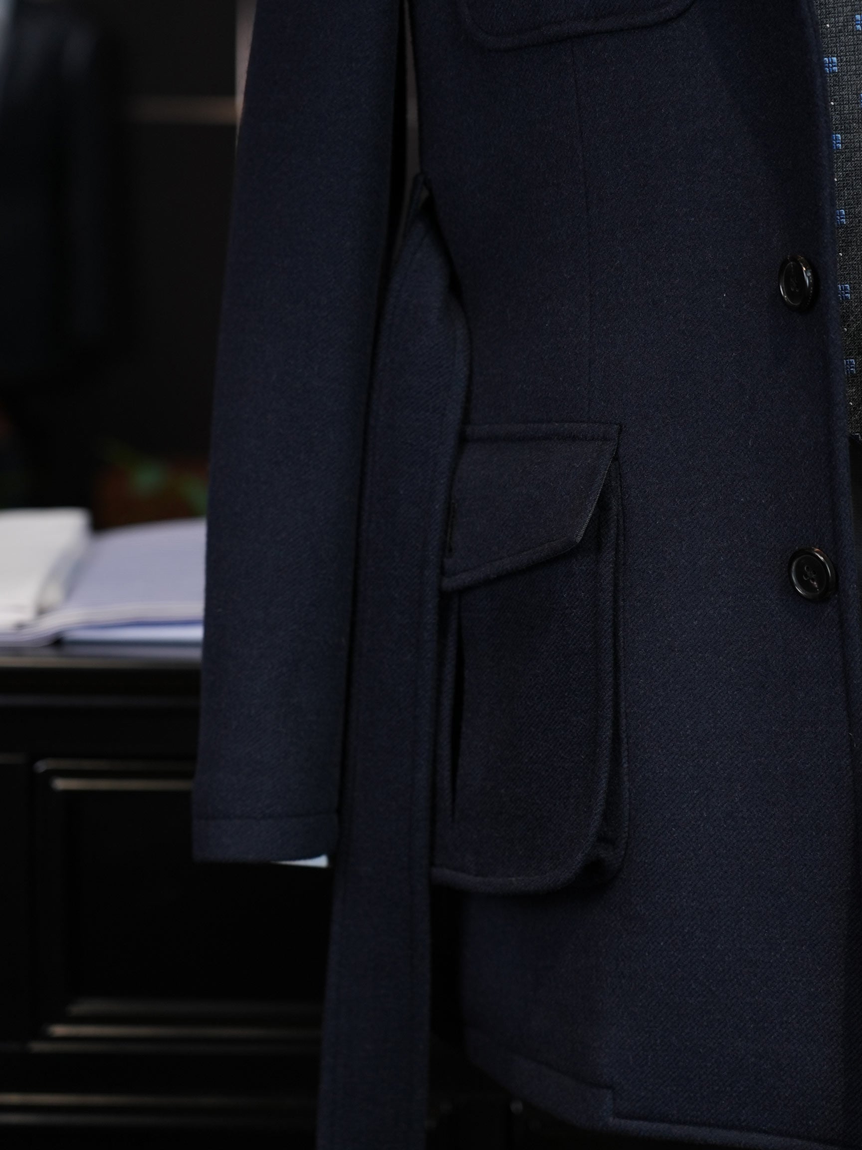 Heavyweight 100% Wool Navy Safari Jacket | Custom Pattern Built for Black Men’s Athletic Broad Shoulders