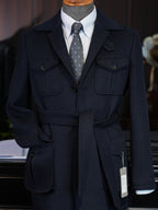Heavyweight 100% Wool Navy Safari Jacket | Custom Pattern Built for Black Men’s Athletic Broad Shoulders