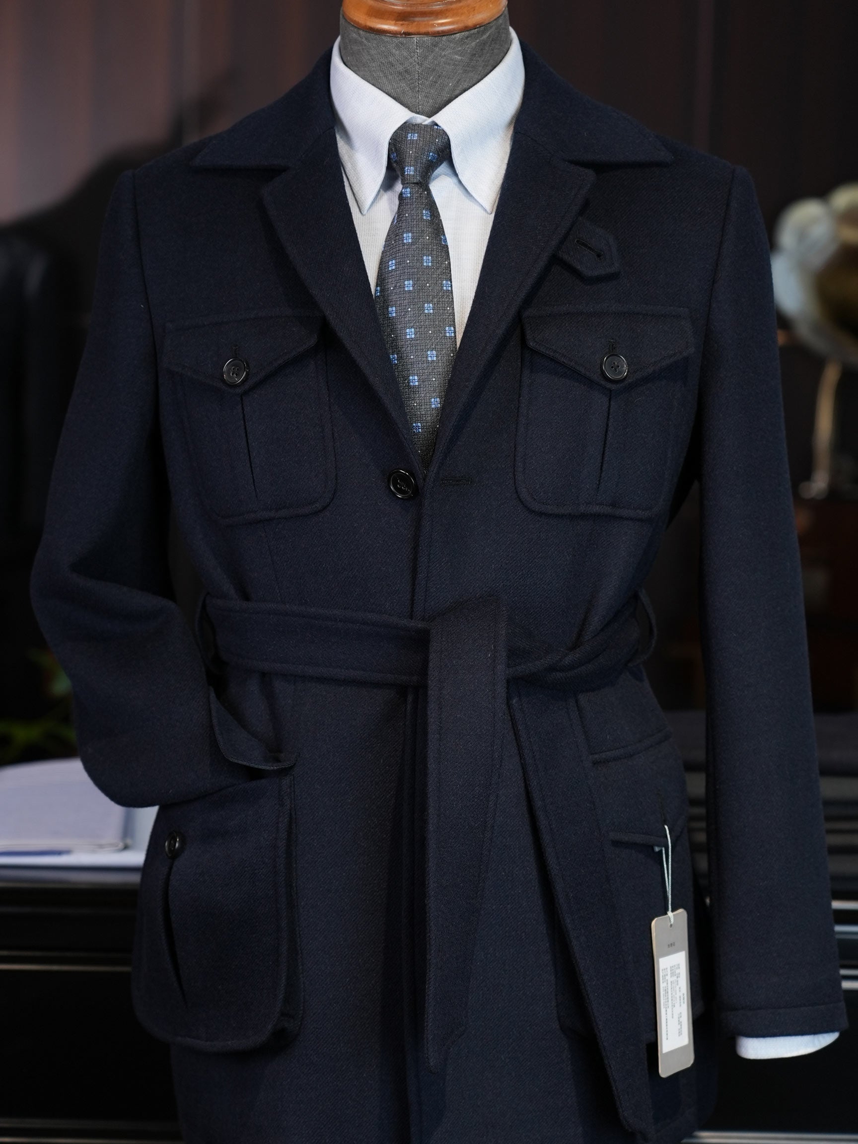Heavyweight 100% Wool Navy Safari Jacket | Custom Pattern Built for Black Men’s Athletic Broad Shoulders