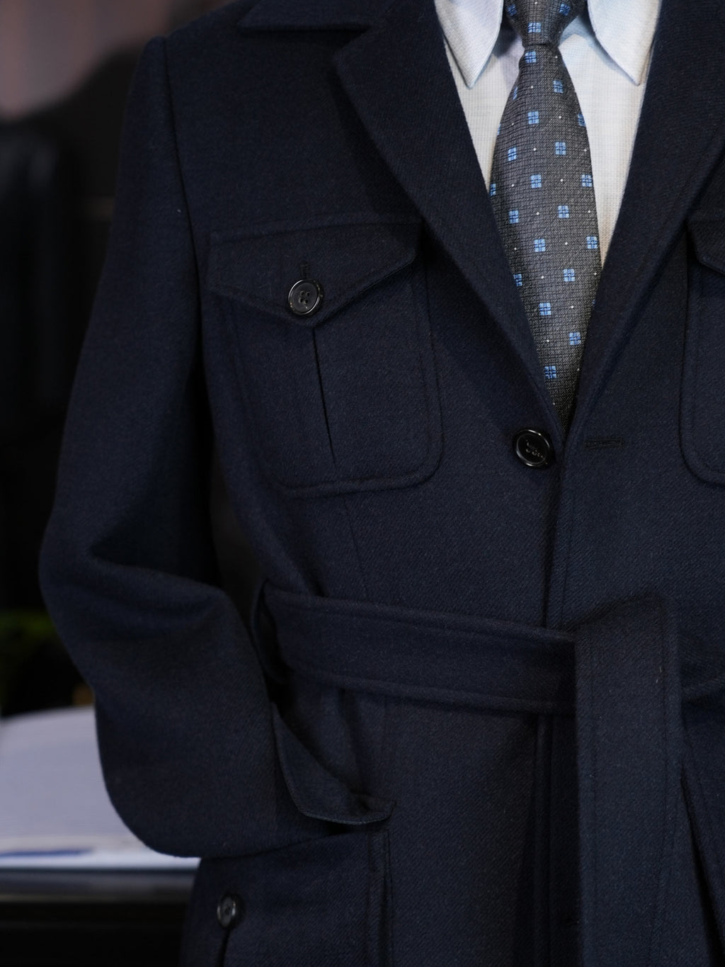 Heavyweight 100% Wool Navy Safari Jacket | Custom Pattern Built for Black Men’s Athletic Broad Shoulders