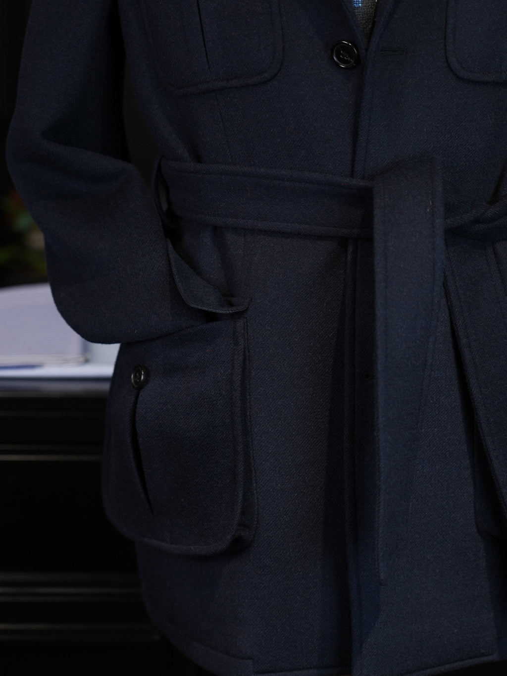 Heavyweight 100% Wool Navy Safari Jacket | Custom Pattern Built for Black Men’s Athletic Broad Shoulders