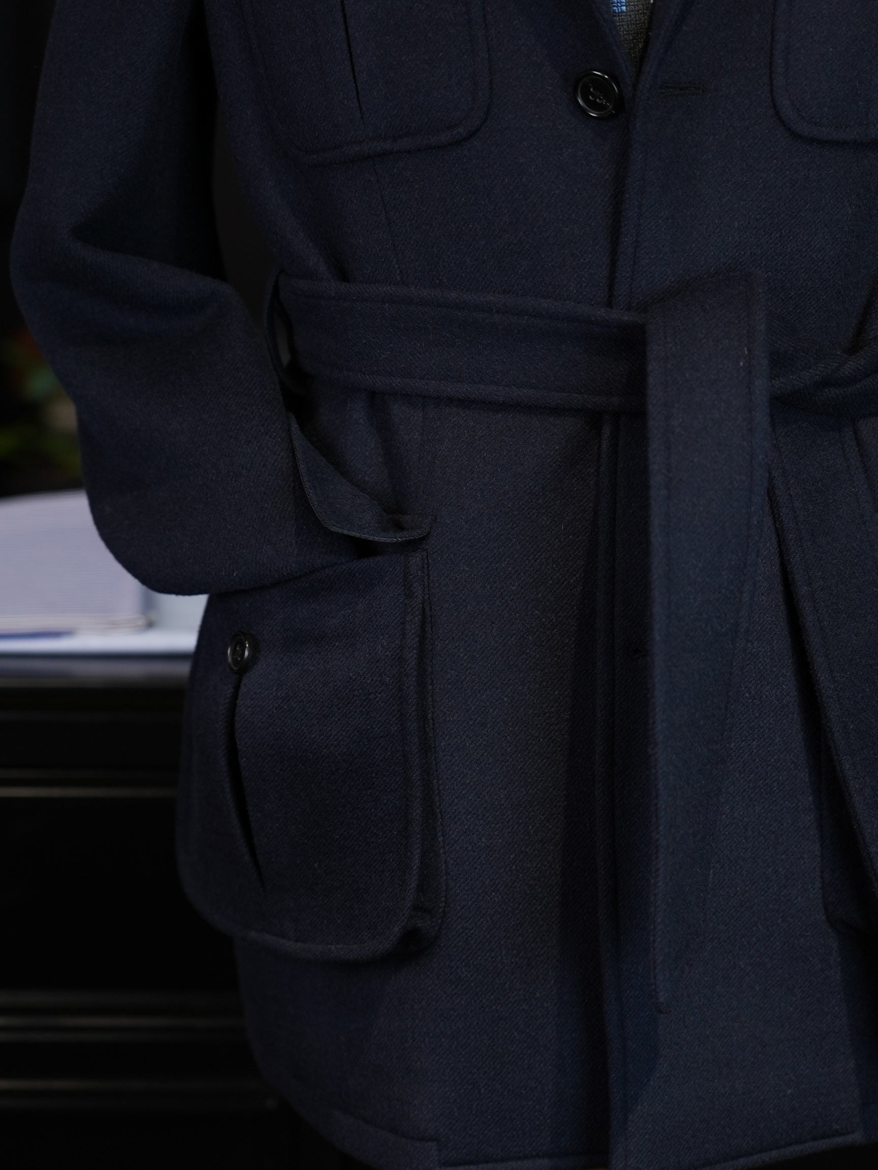 Heavyweight 100% Wool Navy Safari Jacket | Custom Pattern Built for Black Men’s Athletic Broad Shoulders