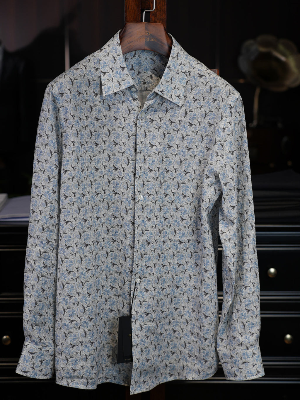 Men’s Vacation‑Style Blue Floral Print 100% Cotton Long‑Sleeve Dress Shirt