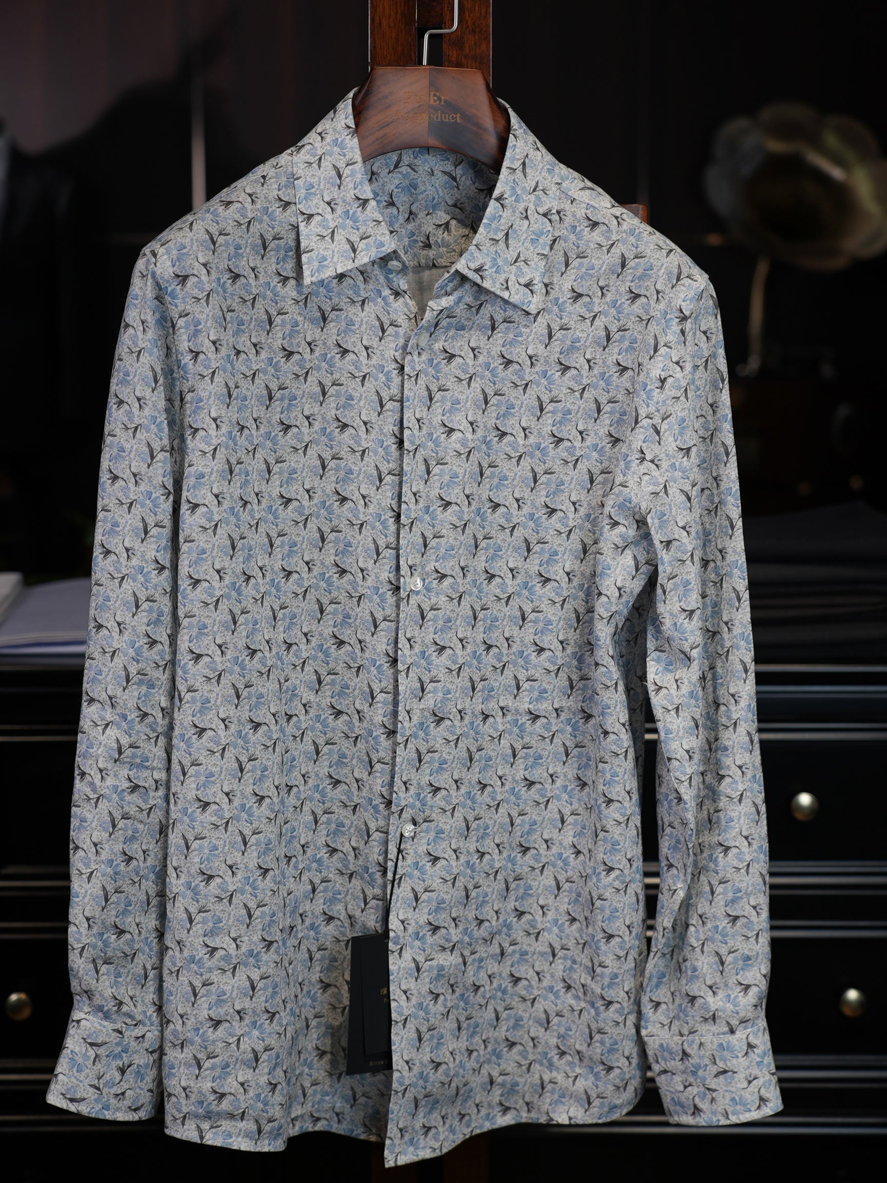 Men’s Vacation‑Style Blue Floral Print 100% Cotton Long‑Sleeve Dress Shirt
