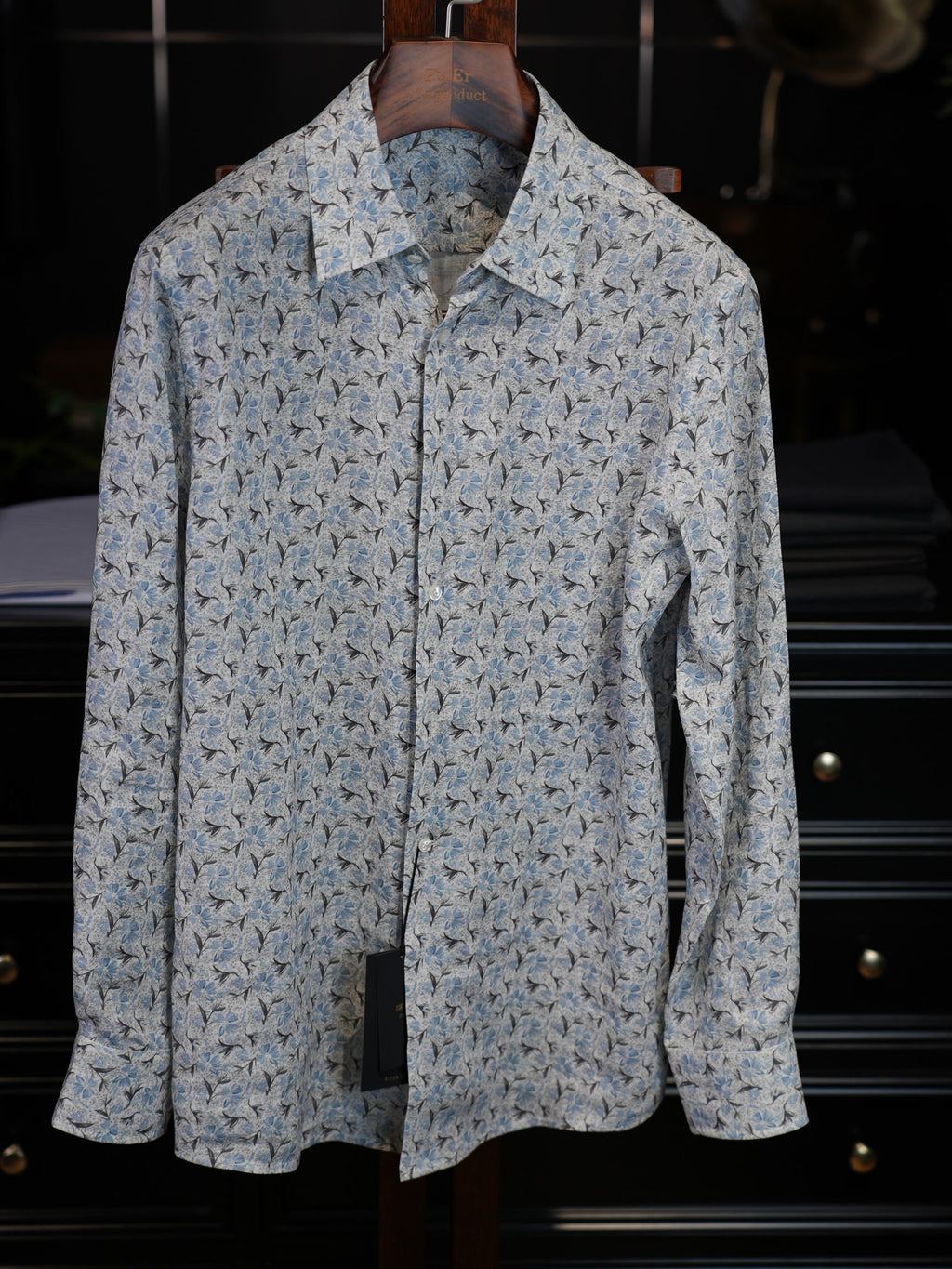 Men’s Vacation‑Style Blue Floral Print 100% Cotton Long‑Sleeve Dress Shirt