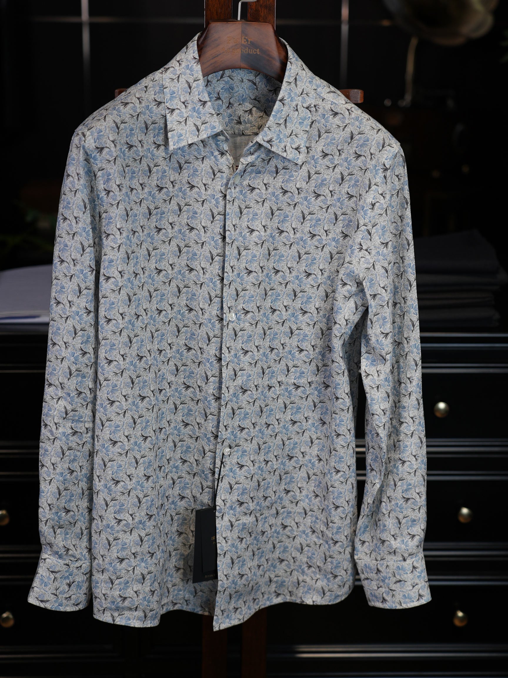 Men’s Vacation‑Style Blue Floral Print 100% Cotton Long‑Sleeve Dress Shirt