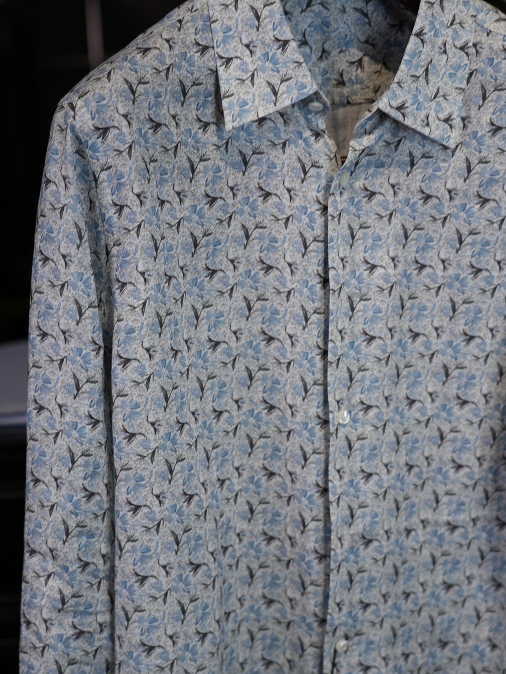 Men’s Vacation‑Style Blue Floral Print 100% Cotton Long‑Sleeve Dress Shirt