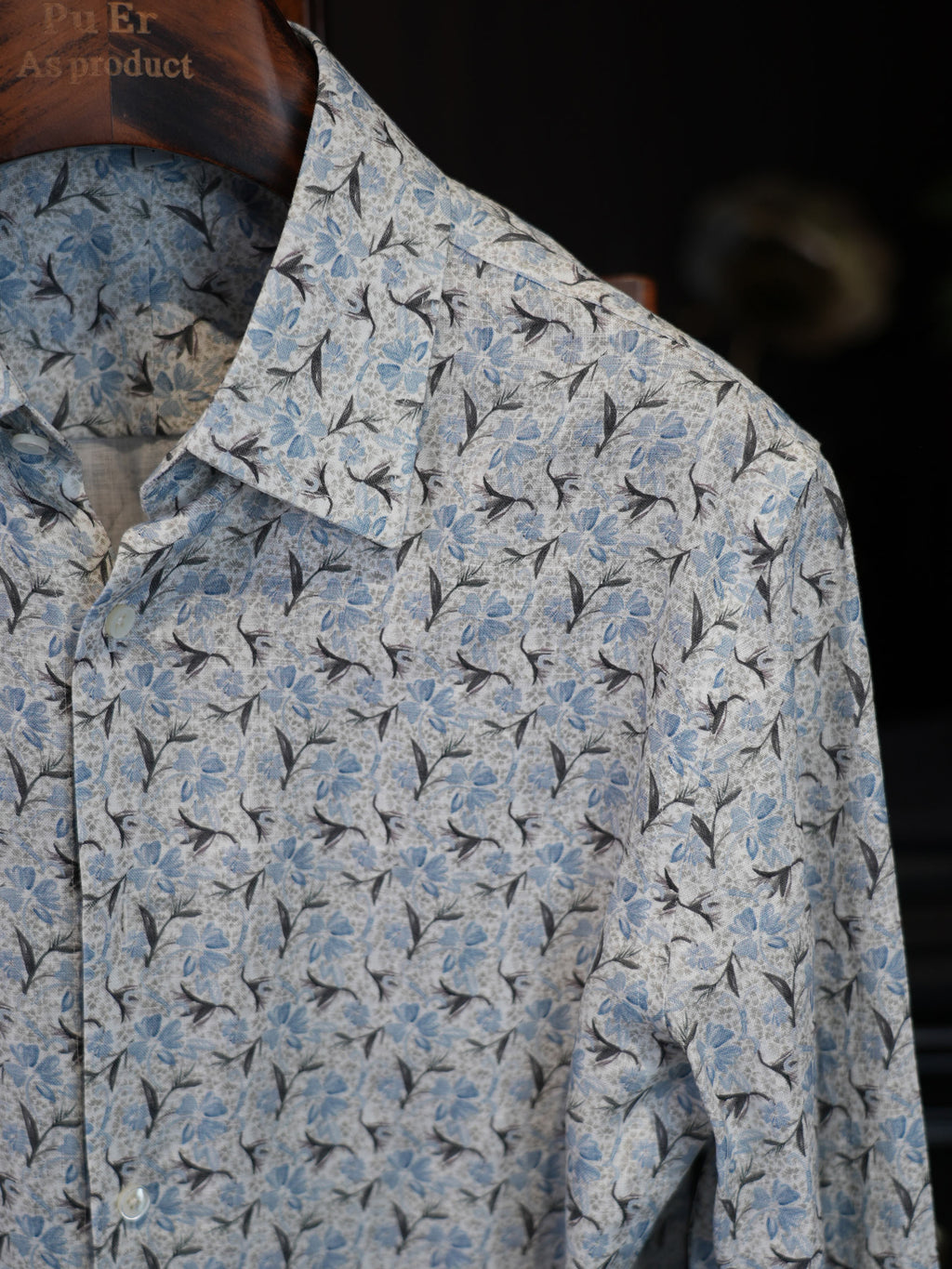 Men’s Vacation‑Style Blue Floral Print 100% Cotton Long‑Sleeve Dress Shirt