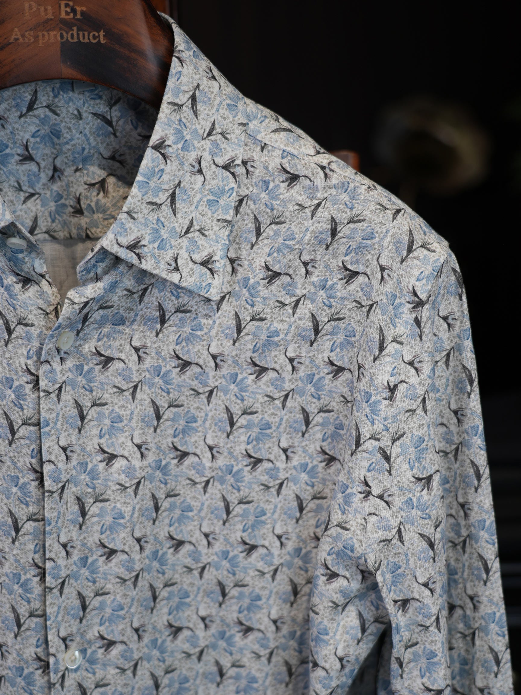 Men’s Vacation‑Style Blue Floral Print 100% Cotton Long‑Sleeve Dress Shirt