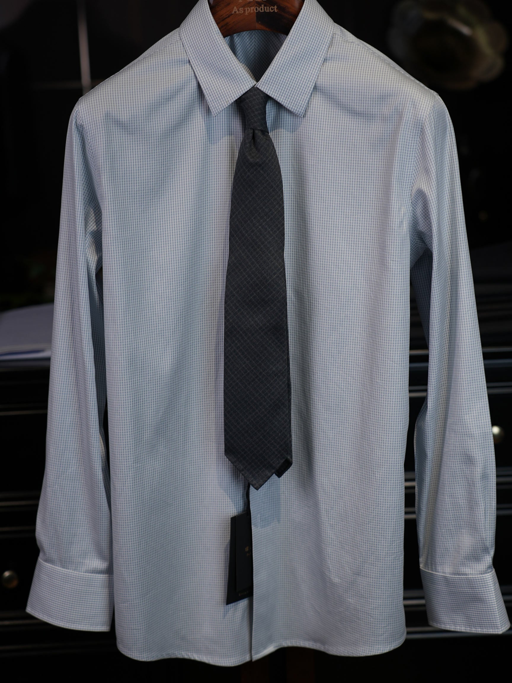 Men’s Fine‑Woven Grey Mini‑Check 100% Cotton Long‑Sleeve Dress Shirt