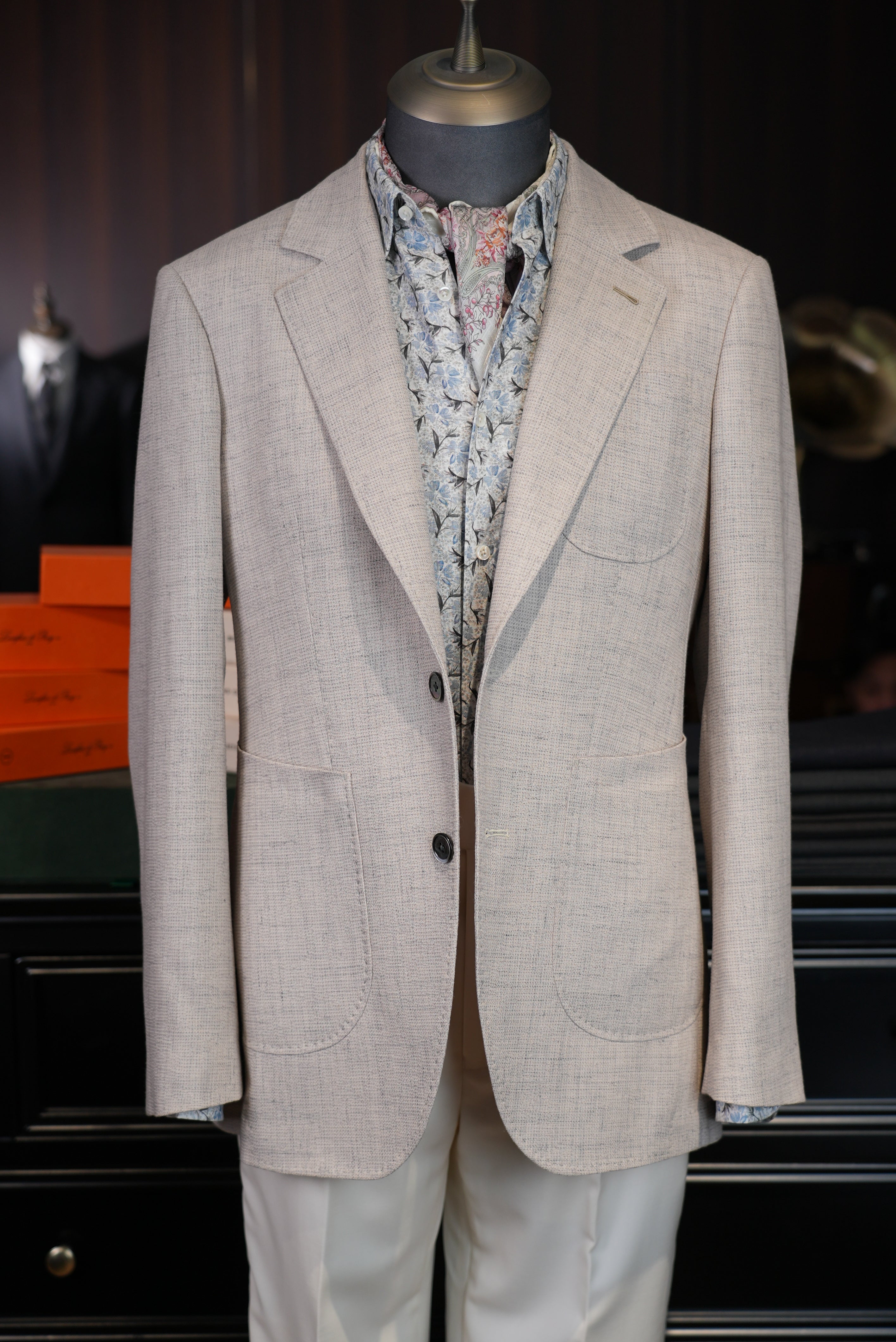 Italian imported beige woven texture patch pocket single blazer