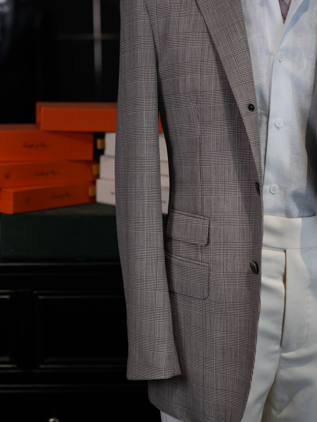 Prince check wool blazer with notched collar