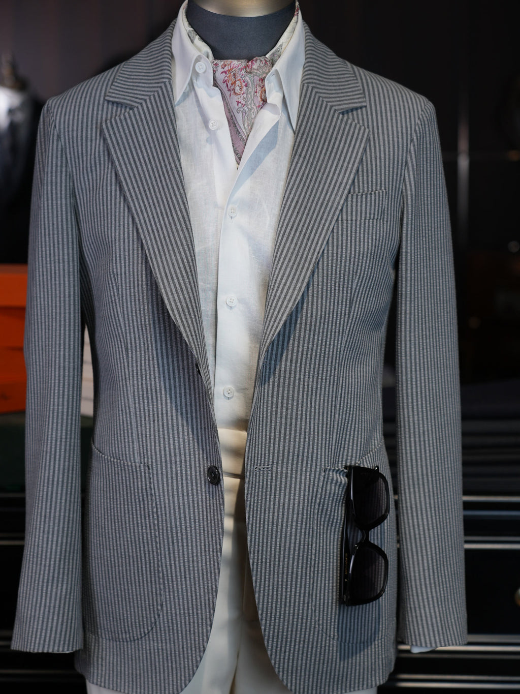 Grey Fine Vertical Stripe Pure Wool Unstructured Blazer