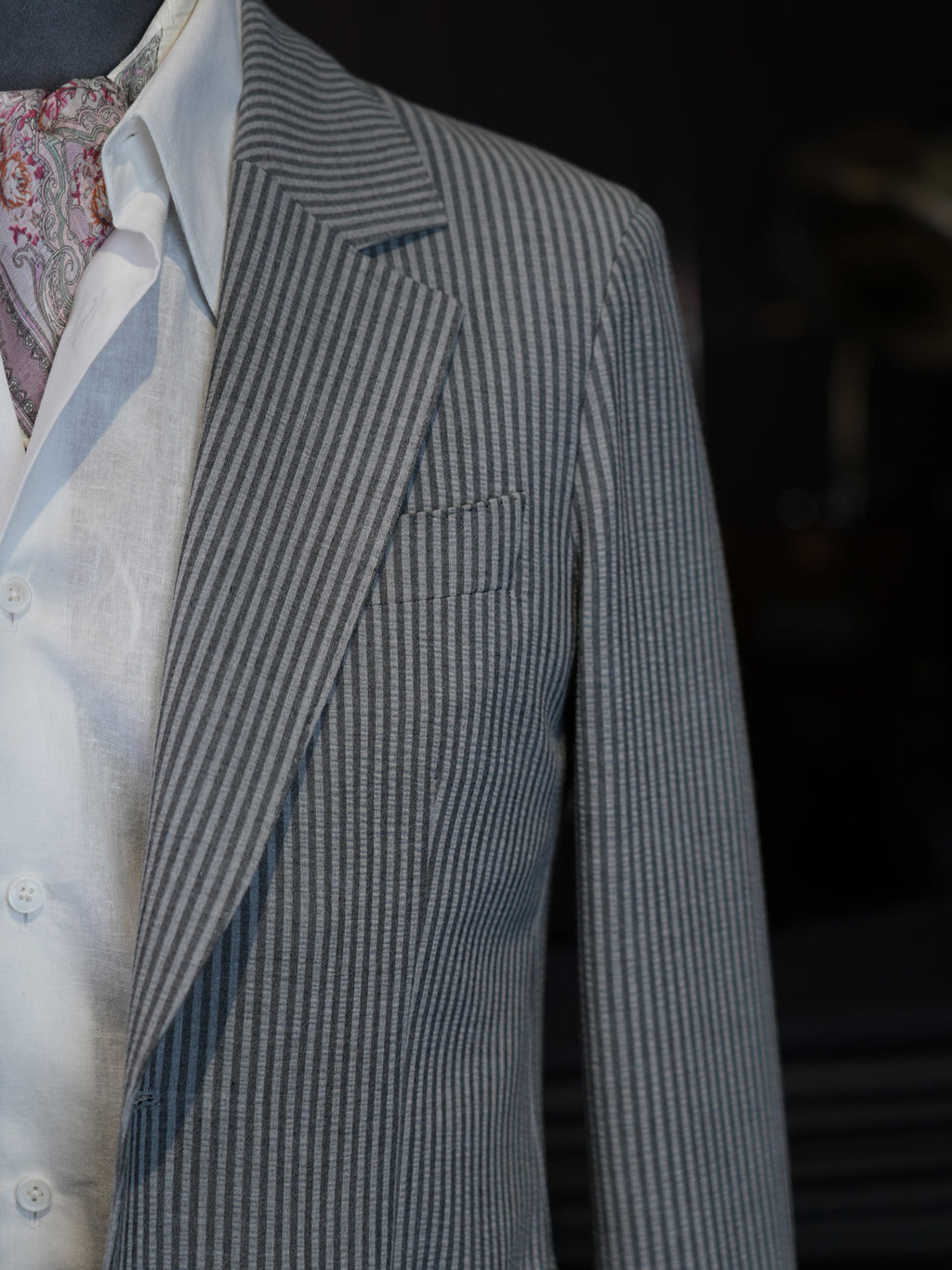 Grey Fine Vertical Stripe Pure Wool Unstructured Blazer