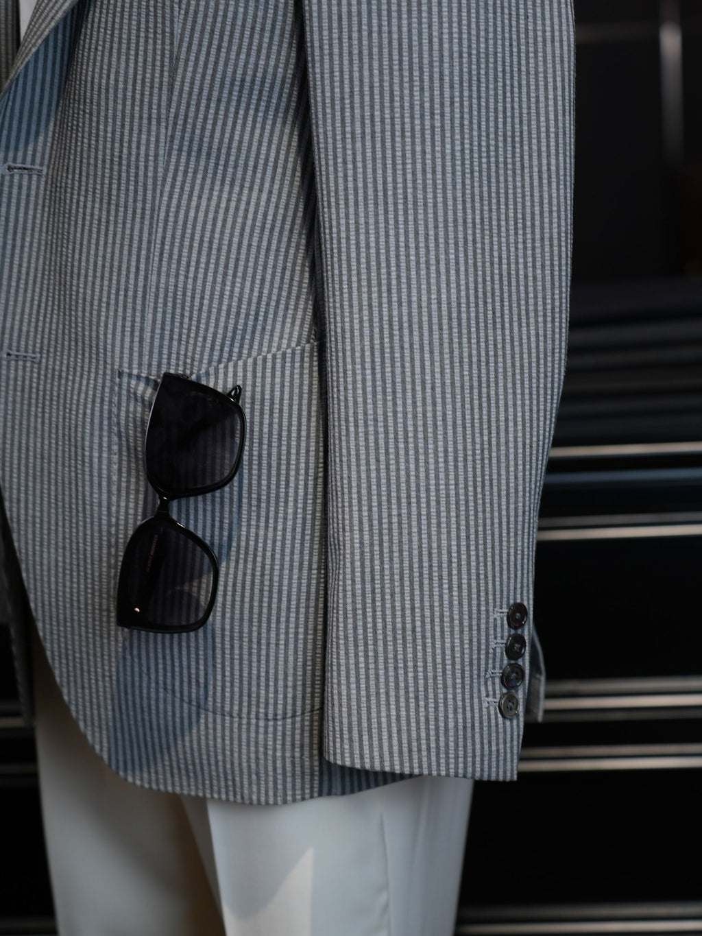 Grey Fine Vertical Stripe Pure Wool Unstructured Blazer