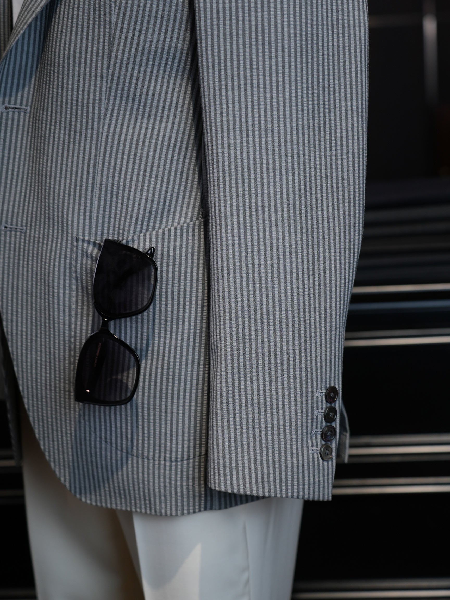Grey Fine Vertical Stripe Pure Wool Unstructured Blazer