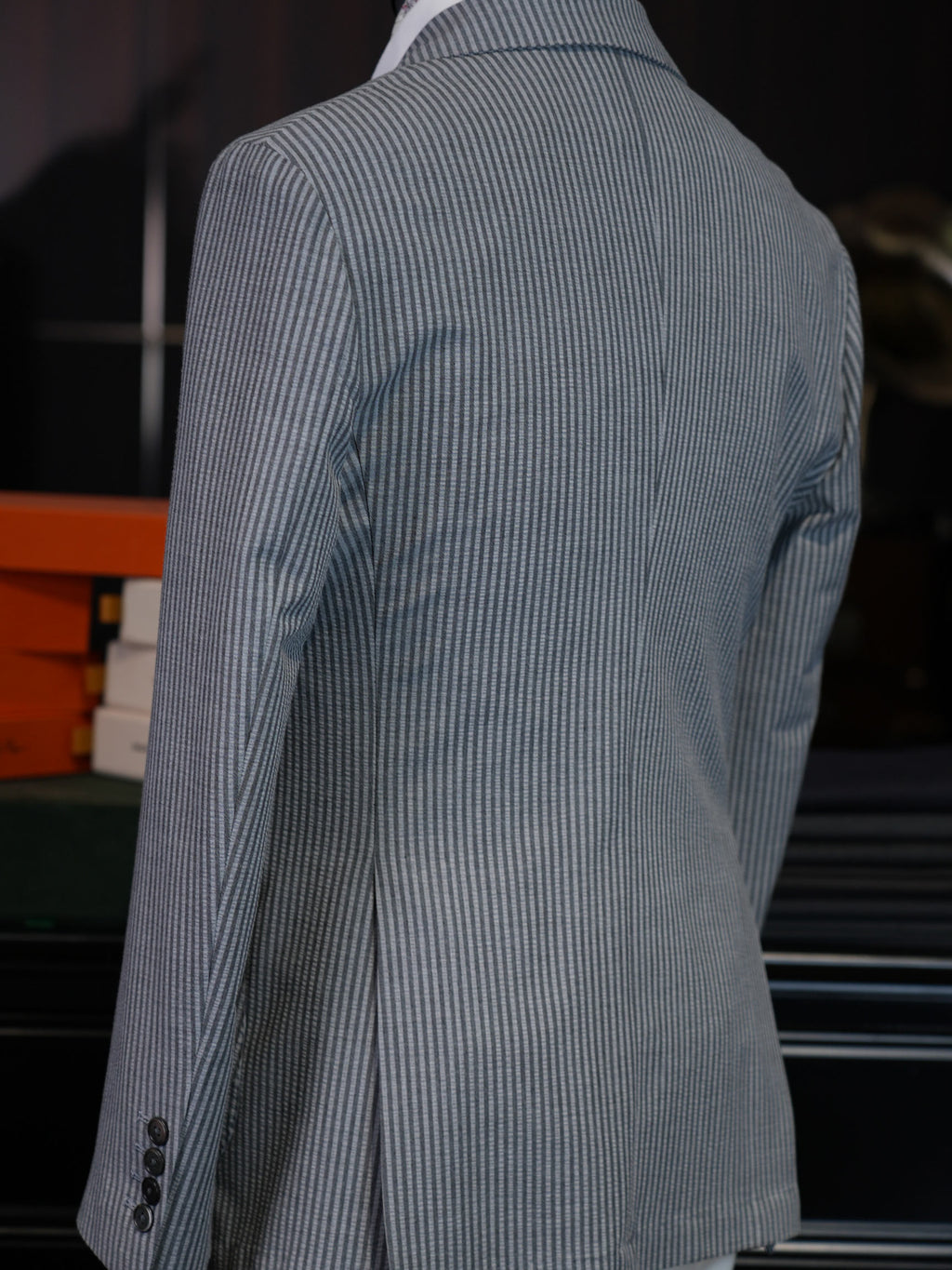 Grey Fine Vertical Stripe Pure Wool Unstructured Blazer
