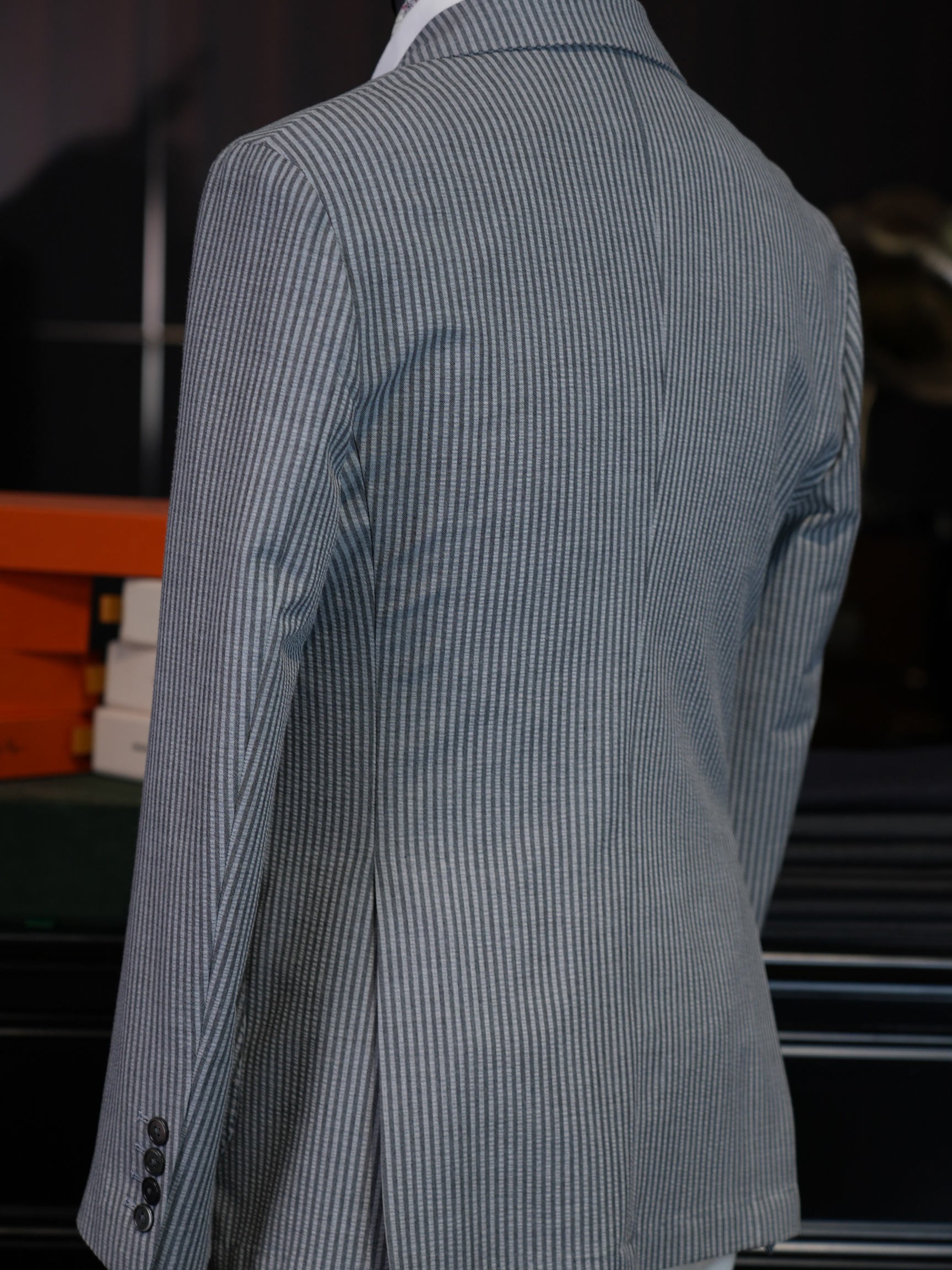 Grey Fine Vertical Stripe Pure Wool Unstructured Blazer