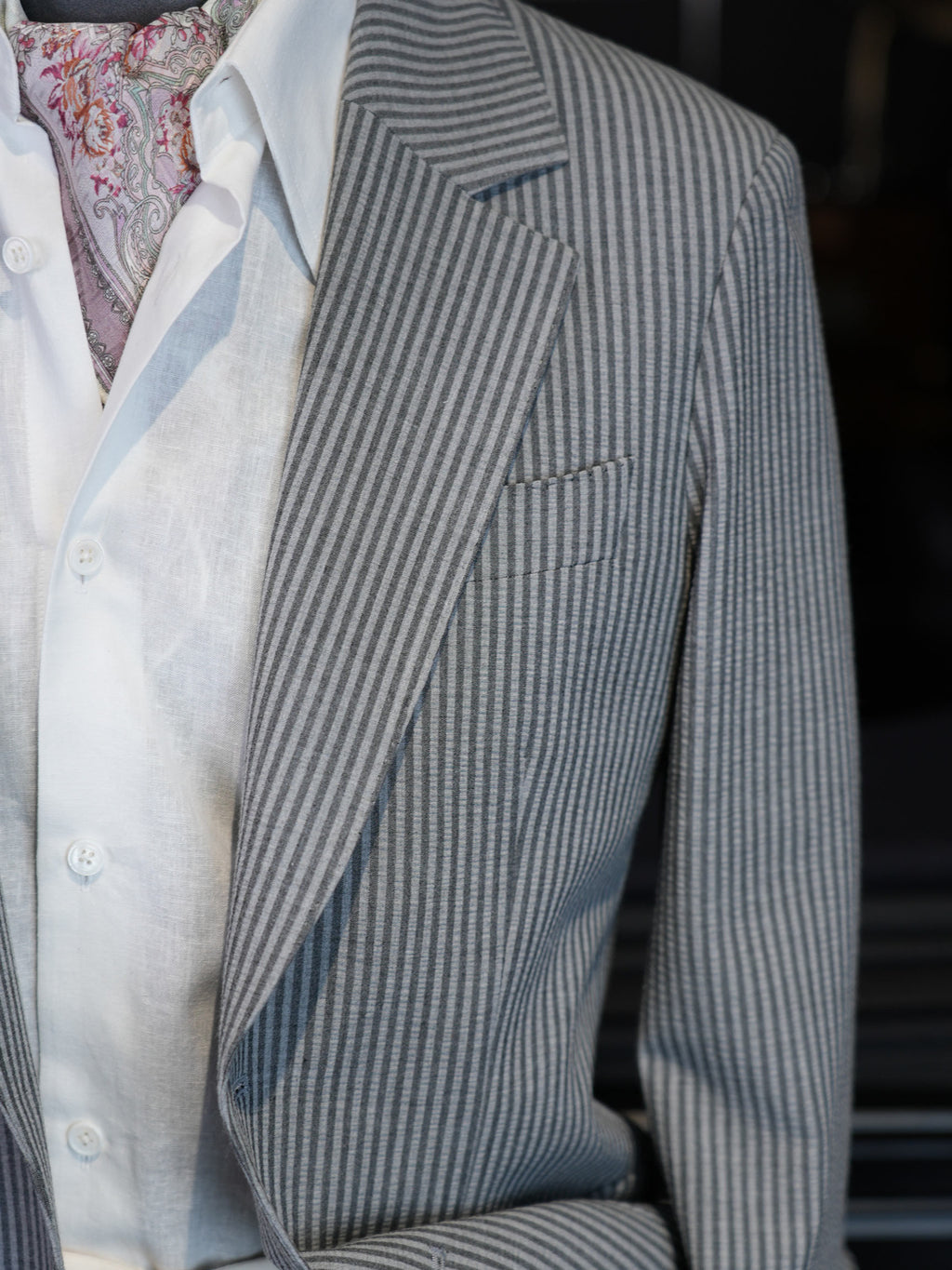 Grey Fine Vertical Stripe Pure Wool Unstructured Blazer