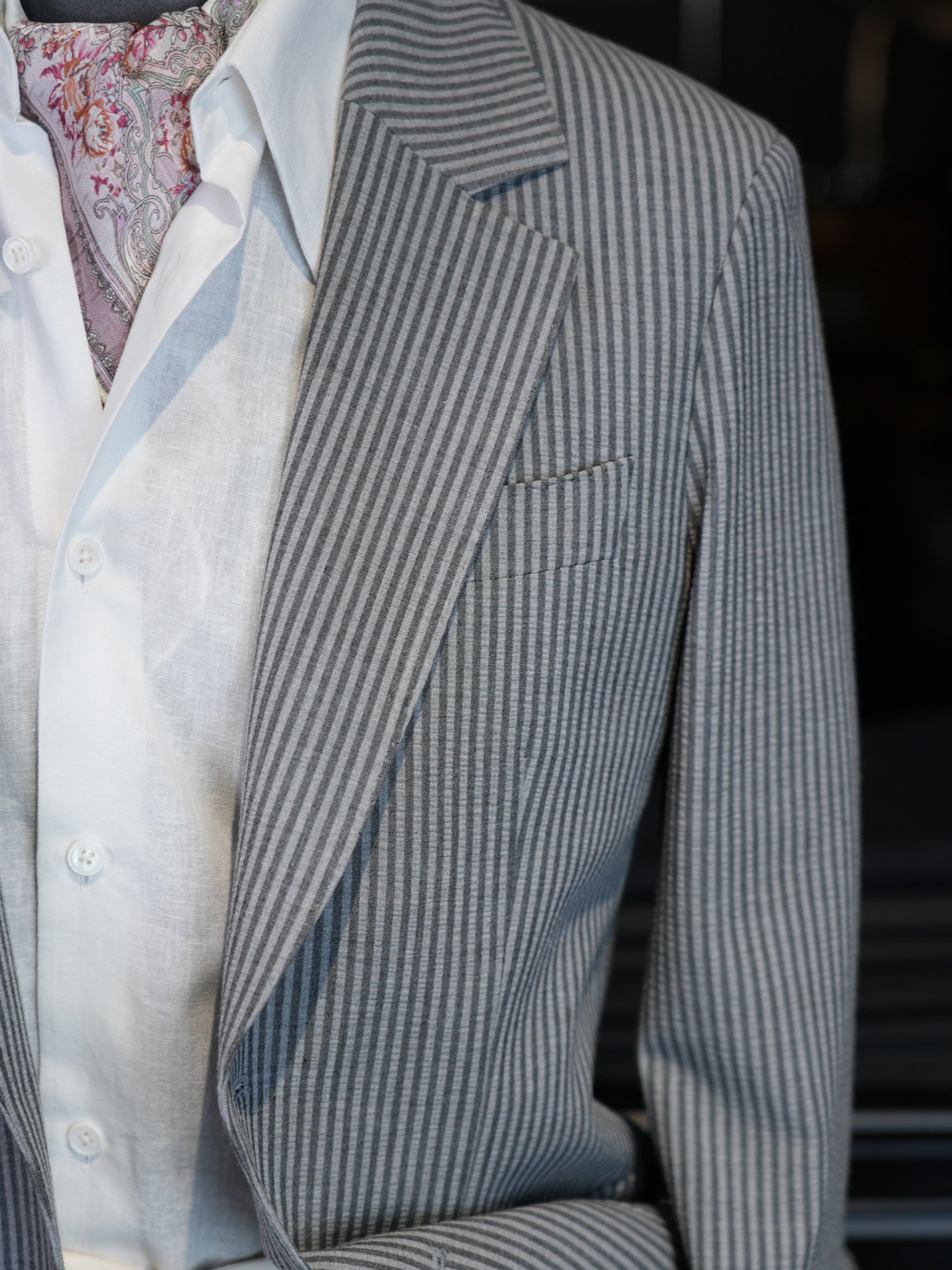 Grey Fine Vertical Stripe Pure Wool Unstructured Blazer