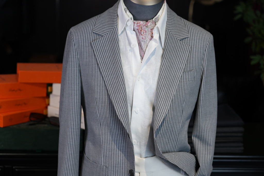 Grey Fine Vertical Stripe Pure Wool Unstructured Blazer