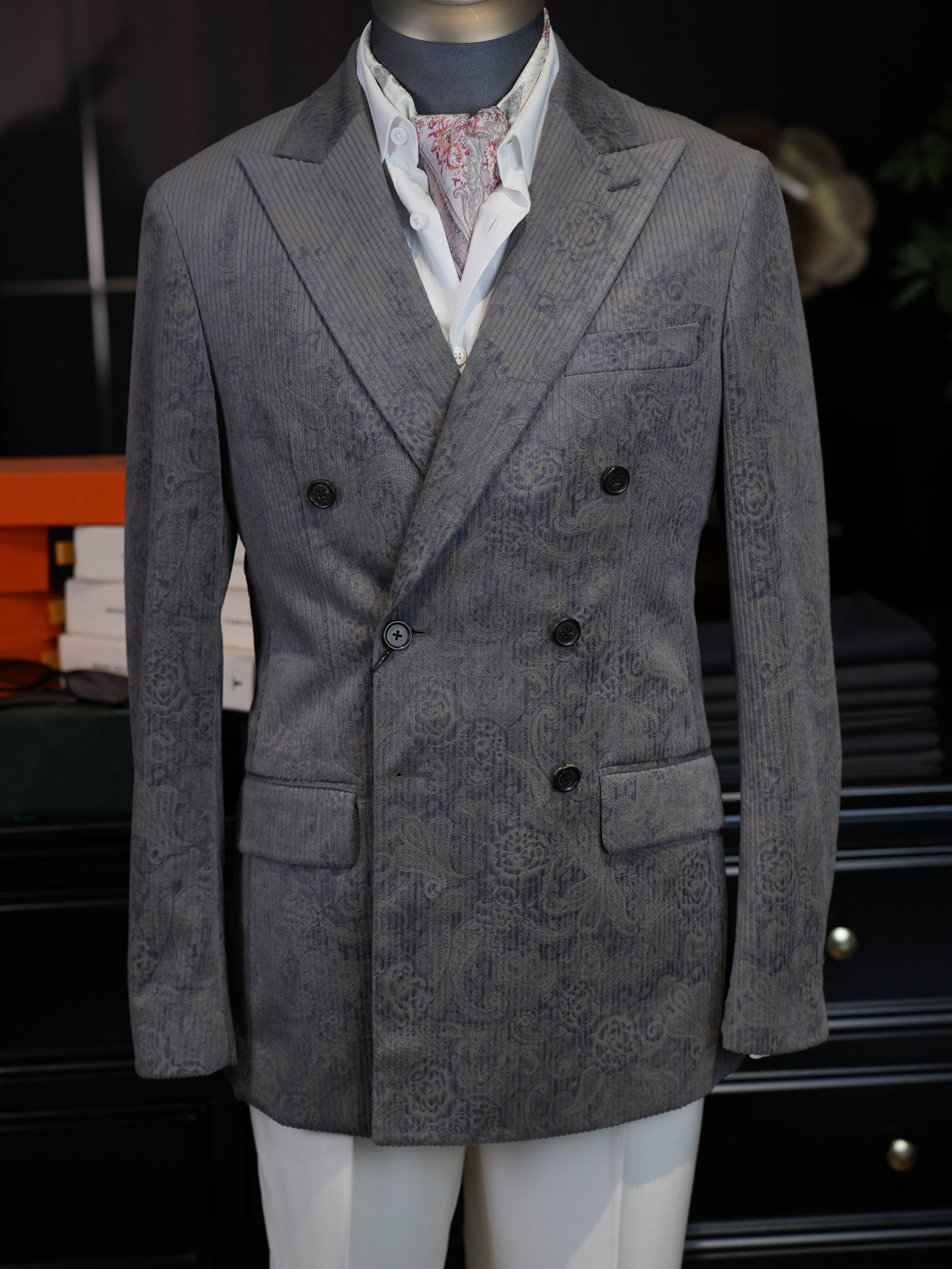 Grey Paisley Jacquard Double Breasted 100% Cotton Blazer, Textured Luxury Suit Jacket for Men