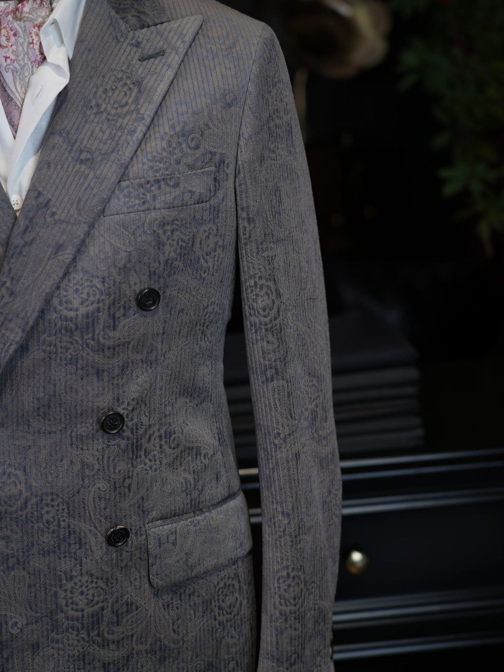 Grey Paisley Jacquard Double Breasted 100% Cotton Blazer, Textured Luxury Suit Jacket for Men
