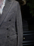 Grey Paisley Jacquard Double Breasted 100% Cotton Blazer, Textured Luxury Suit Jacket for Men
