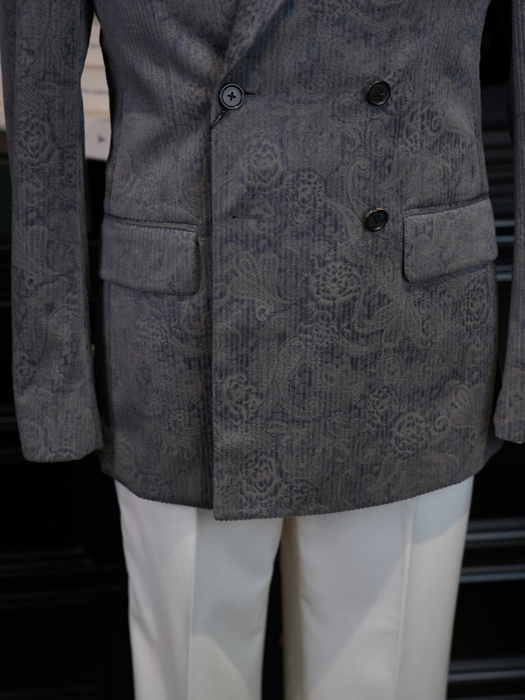 Grey Paisley Jacquard Double Breasted 100% Cotton Blazer, Textured Luxury Suit Jacket for Men