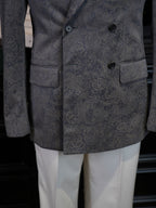 Grey Paisley Jacquard Double Breasted 100% Cotton Blazer, Textured Luxury Suit Jacket for Men