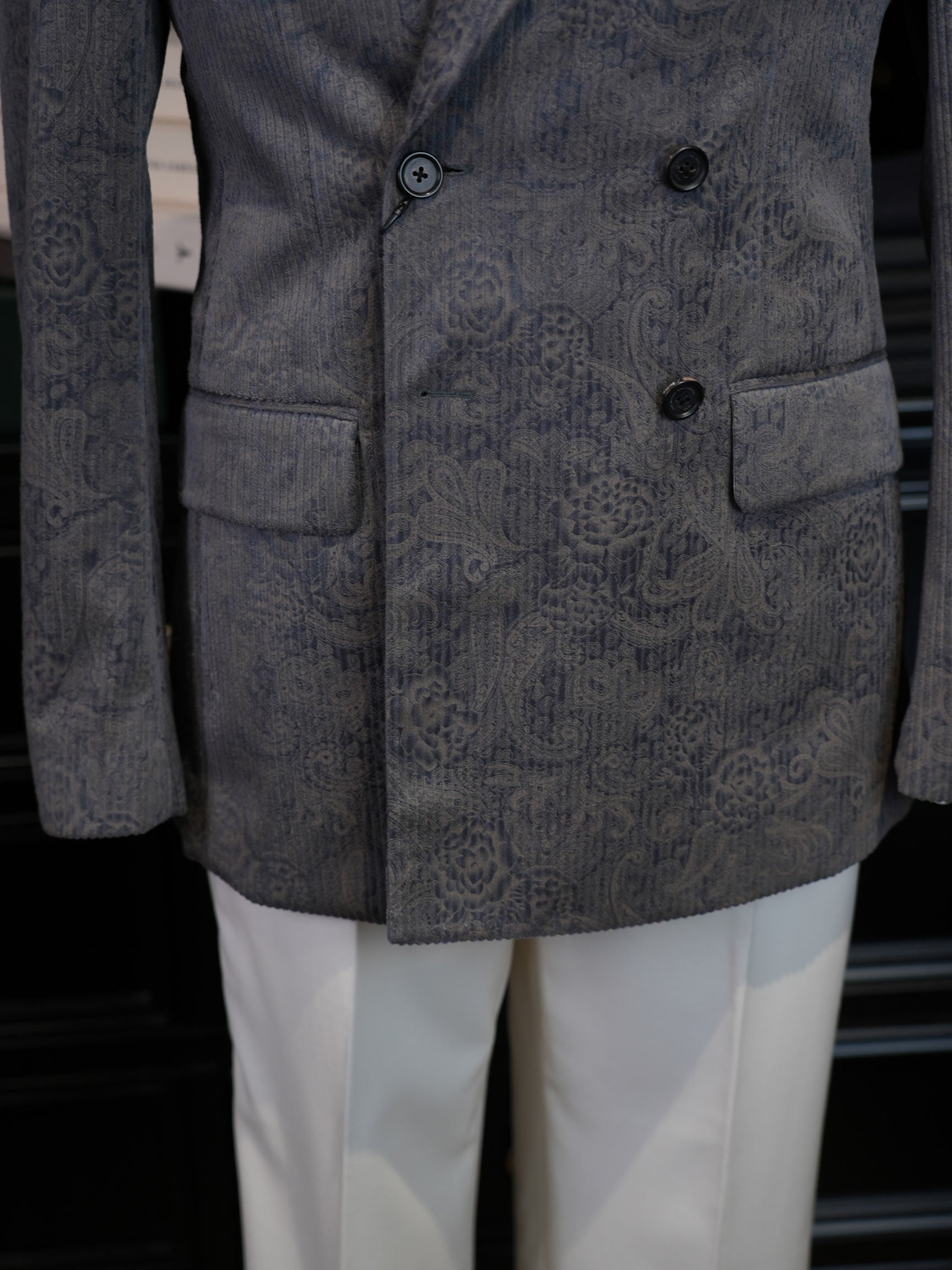 Grey Paisley Jacquard Double Breasted 100% Cotton Blazer, Textured Luxury Suit Jacket for Men