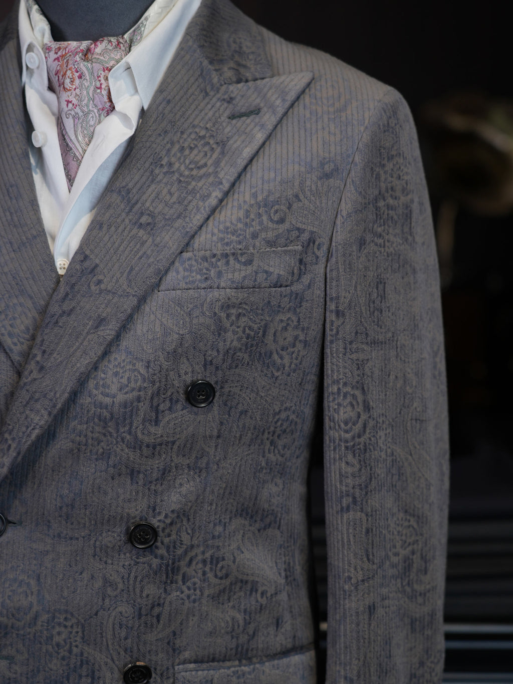 Grey Paisley Jacquard Double Breasted 100% Cotton Blazer, Textured Luxury Suit Jacket for Men