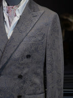 Grey Paisley Jacquard Double Breasted 100% Cotton Blazer, Textured Luxury Suit Jacket for Men