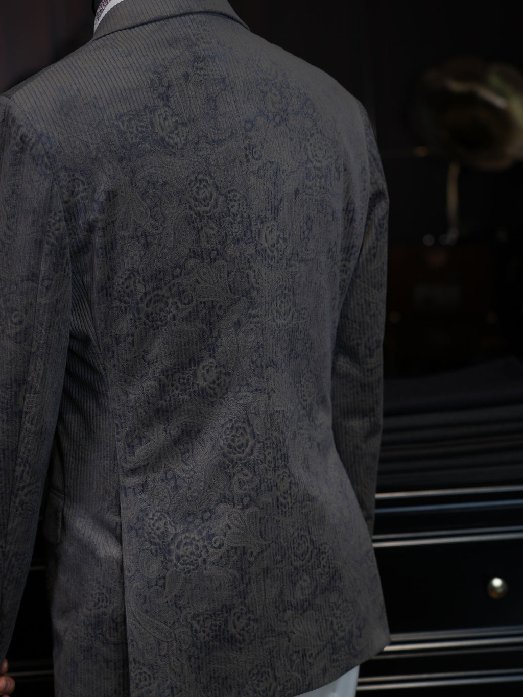 Grey Paisley Jacquard Double Breasted 100% Cotton Blazer, Textured Luxury Suit Jacket for Men