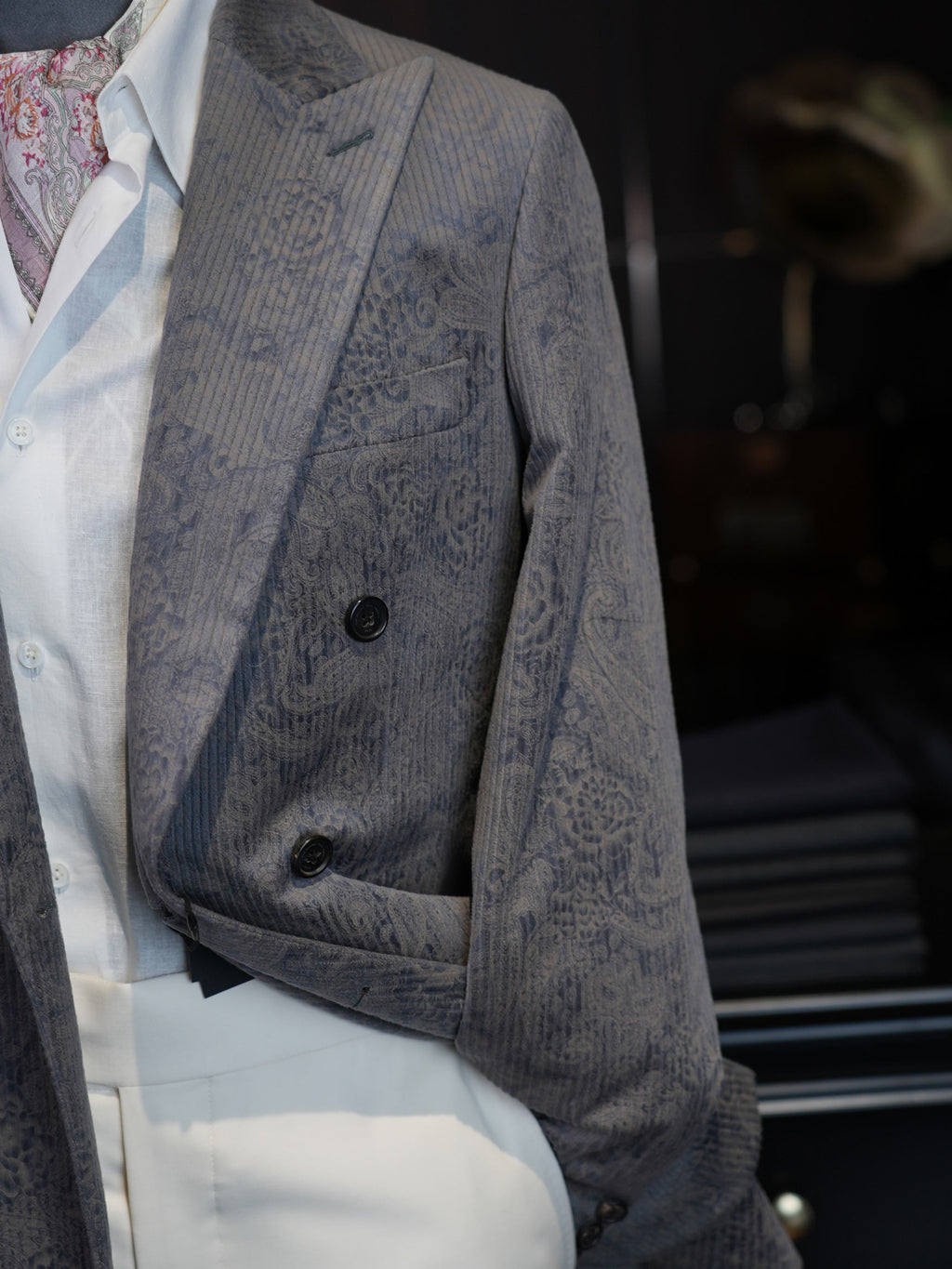 Grey Paisley Jacquard Double Breasted 100% Cotton Blazer, Textured Luxury Suit Jacket for Men